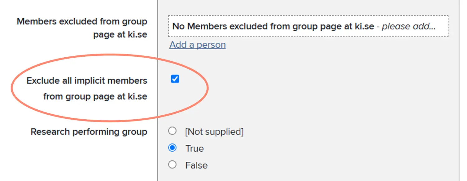 Screenshot of checkbox Exclude all implicit members from group page at ki.se in KI RIMS