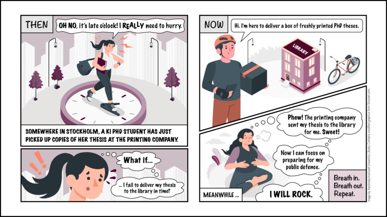 Comic strip. First part shows PhD student rushing to deliver thesis to the library. Ending illustrates KI's new process, where the printing company delivers the thesis for the student, while she relaxes.