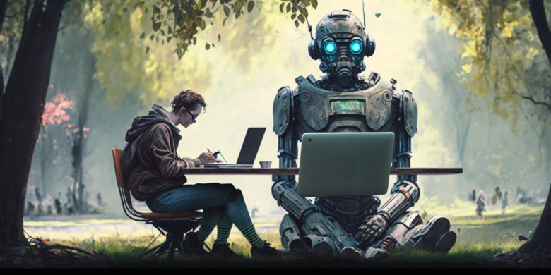 An image, created by Midjourney showing a student sitting in a park next to a robot. Both type on laptop computers