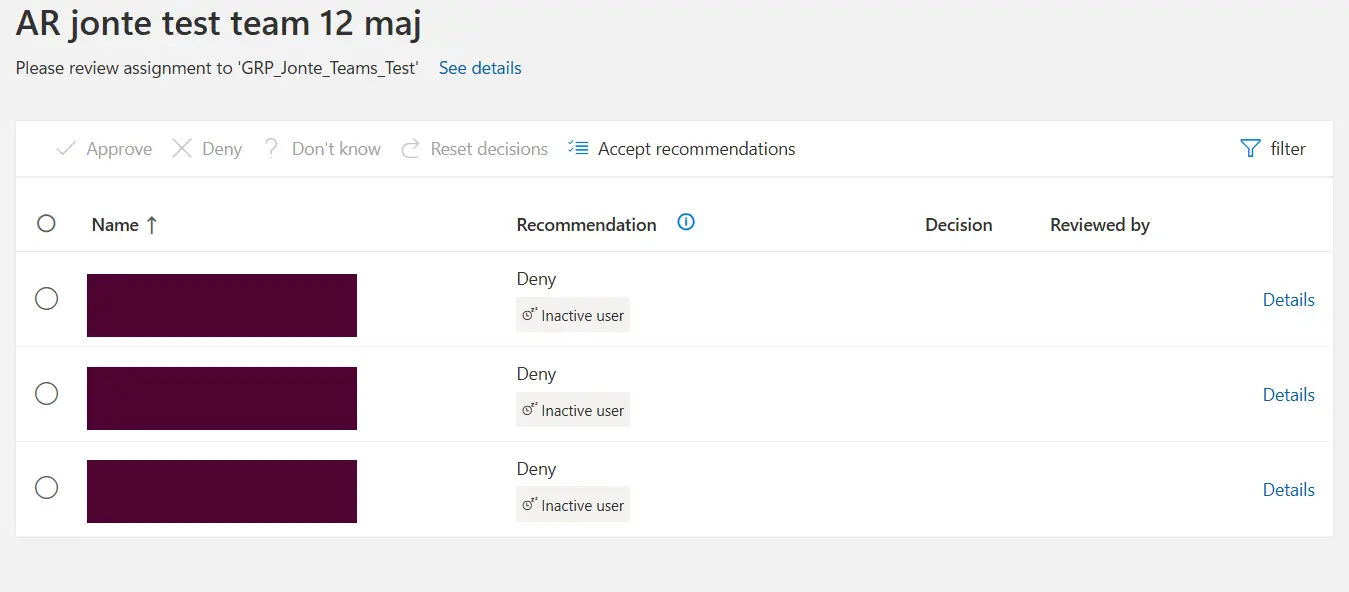 Screenshot of access review.