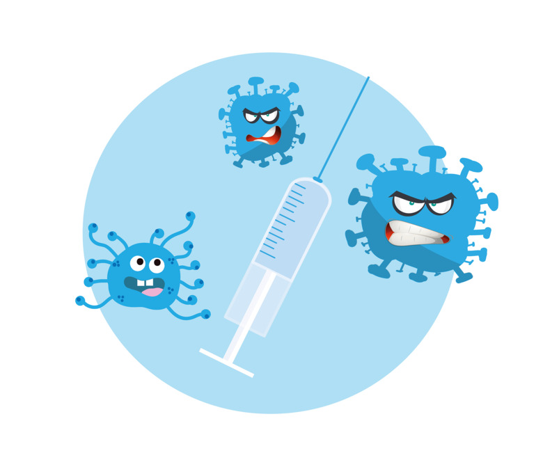 Illustration of virus, DNA and syringe - illustrating the new vaccines against the coronavirus.