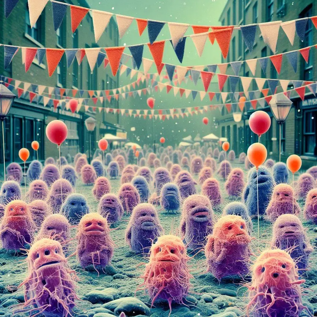 An AI-generated image of cells who are participating in a street party
