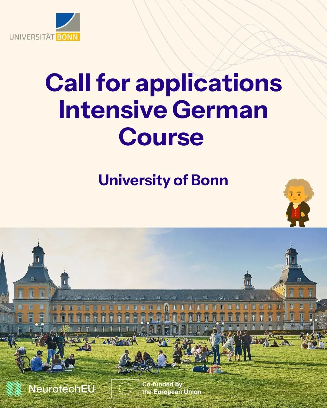 Poster for a Call for applications to an intensive german course in Bonn with a picture of a German palace