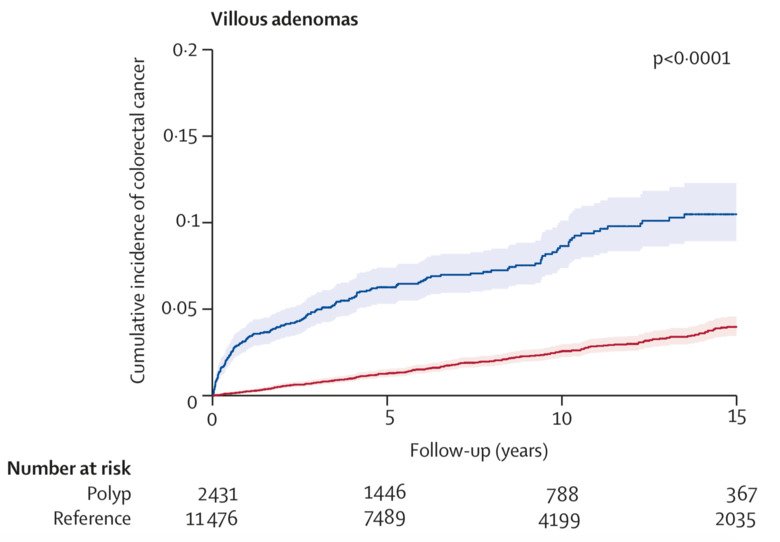 Graph of the risk of colorectal cancer in patients with polyps representing villous adenoma