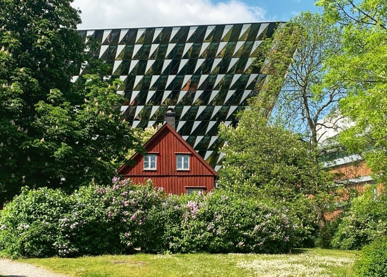 A sunny picture of Aula medica with a little tree house in front surrounded by trees and flowers.