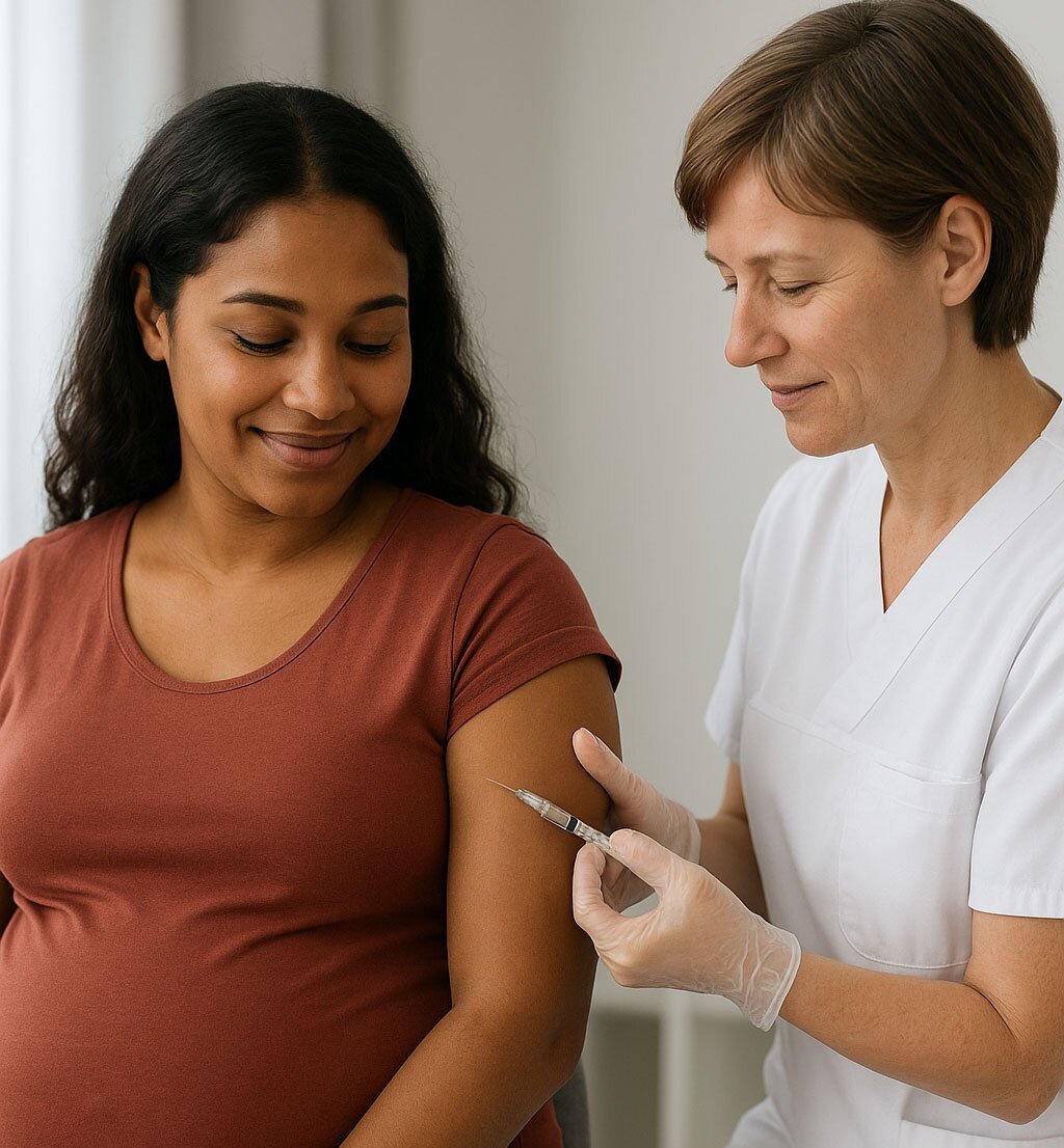 Pregnant woman receiving a vaccination from a nurse.