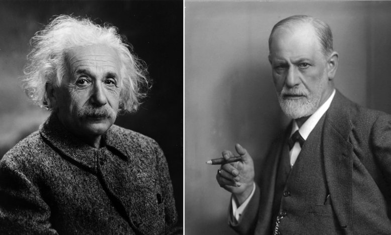 Portraits of Elbert Einstein and Sigmund Freud.
