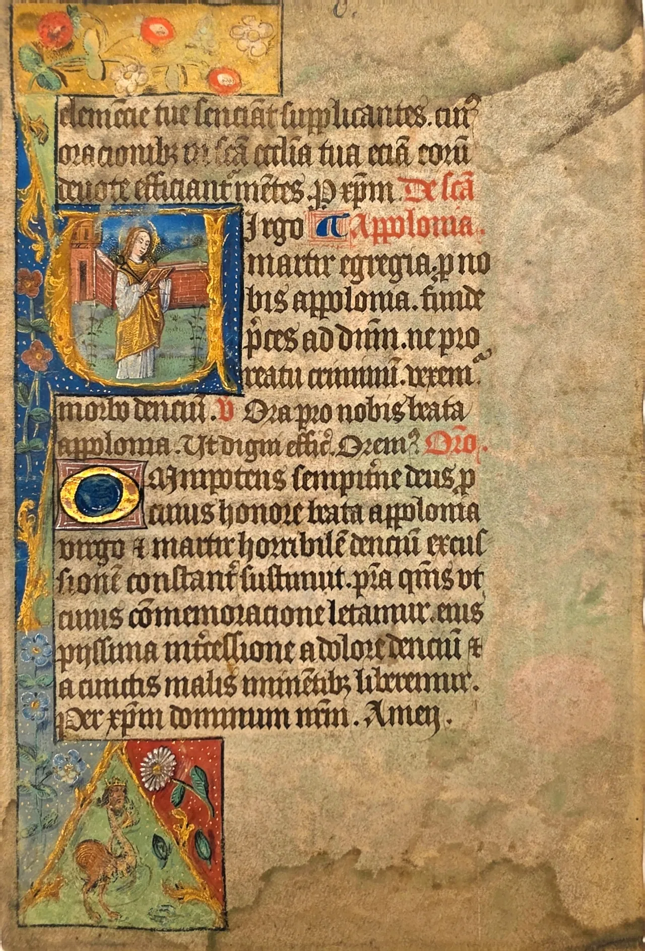 Image of Saint Apollonia within the initial “V” of the prayer Virgo Apollonia. Parchment breviary, Flanders, c. 1500.