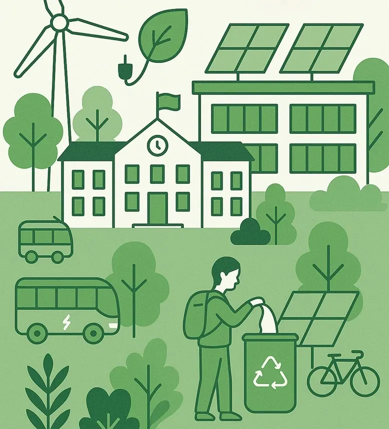 Illustration of a campus area in green tones