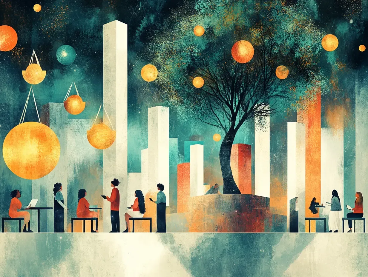 Illustration of diverse teachers collaborating in a classroom, with symbols of fairness, inclusion, and justice like scales, circles, and a tree of knowledge, in warm, inclusive colors.