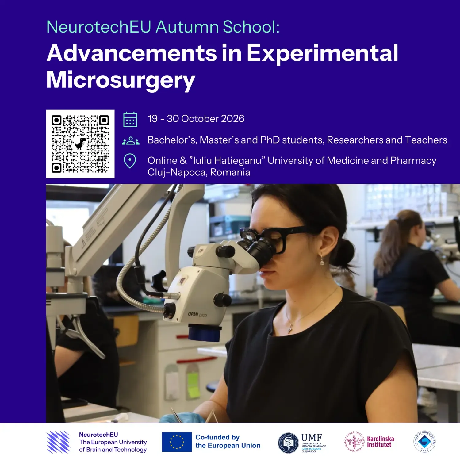 Poster with information about the autumn school and a photo of a woman performing microsurgery with the help of a surgical microscope.