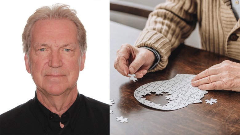 Portrait image of Christer Halldin and genre image of an elderly person making a puzzle with the form of a human head.