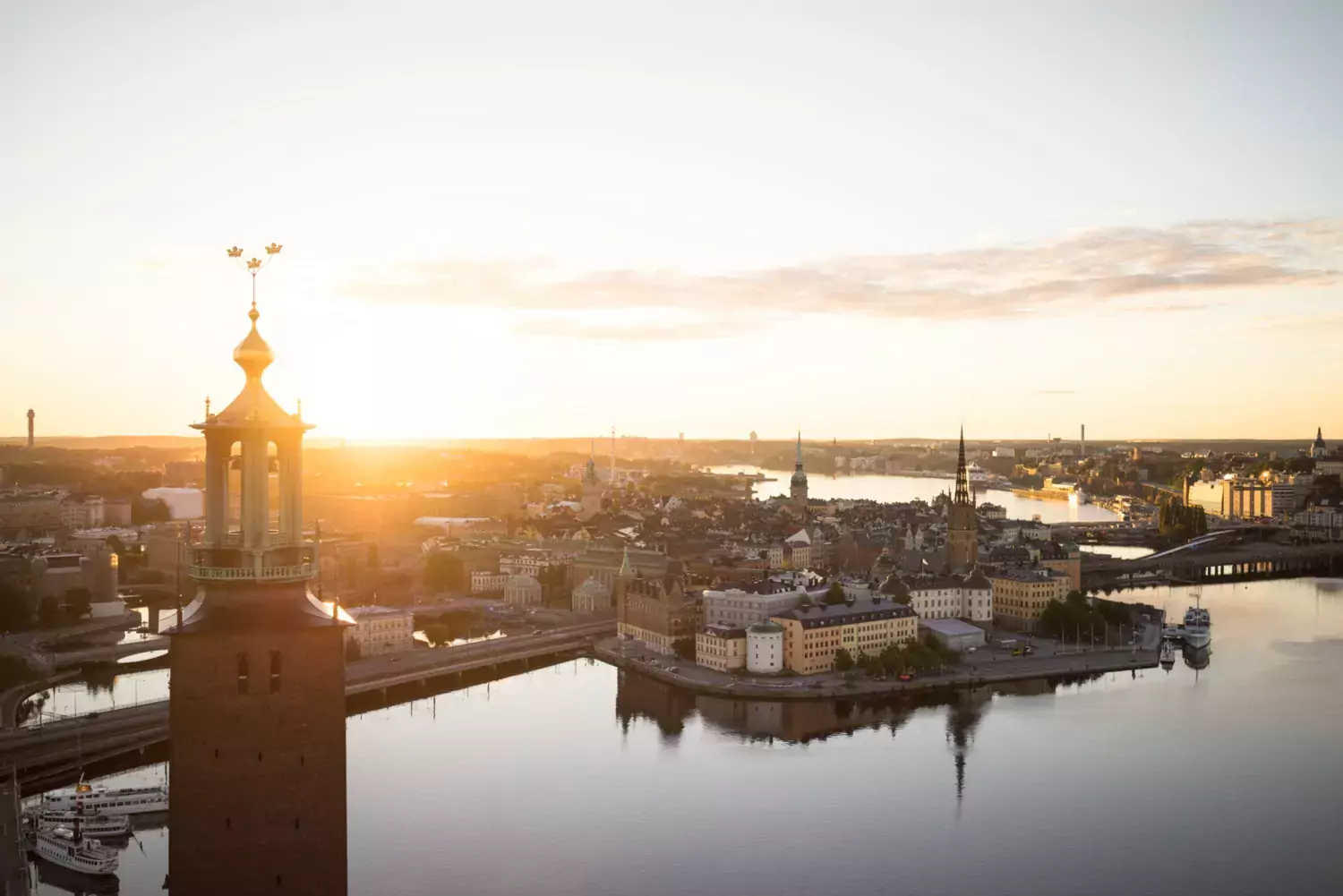 View of Stockholm, the Old Town and Södermalm, with the City Hall in the foreground.