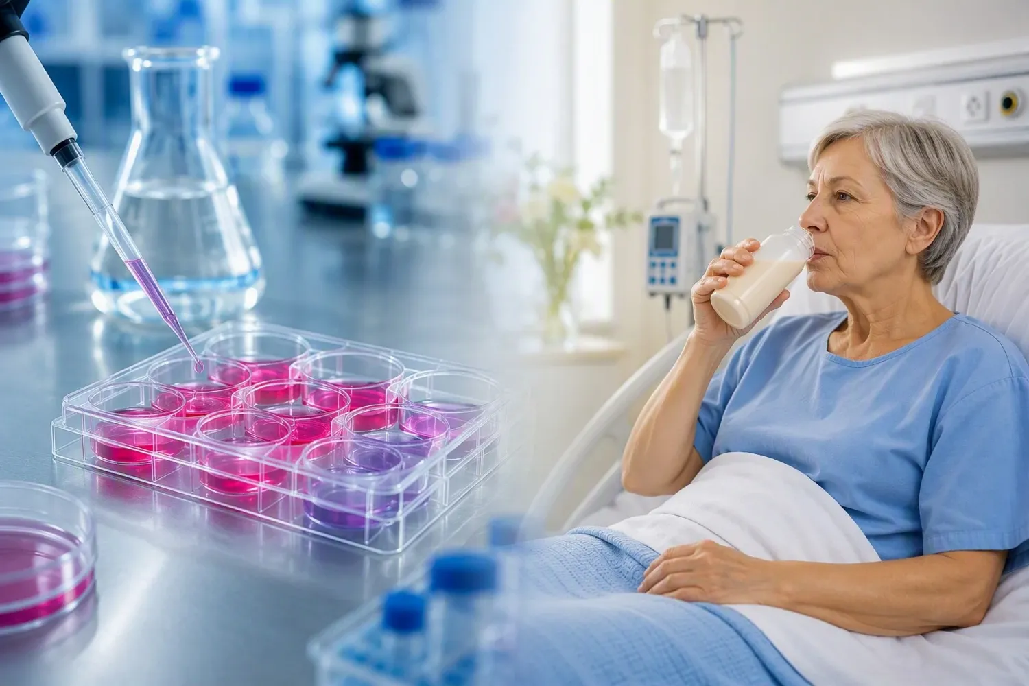 An AI-generated illustration showing laboratory work involving a liquid in a laboratory glassware, and a hospital patient drinking a protein drink.