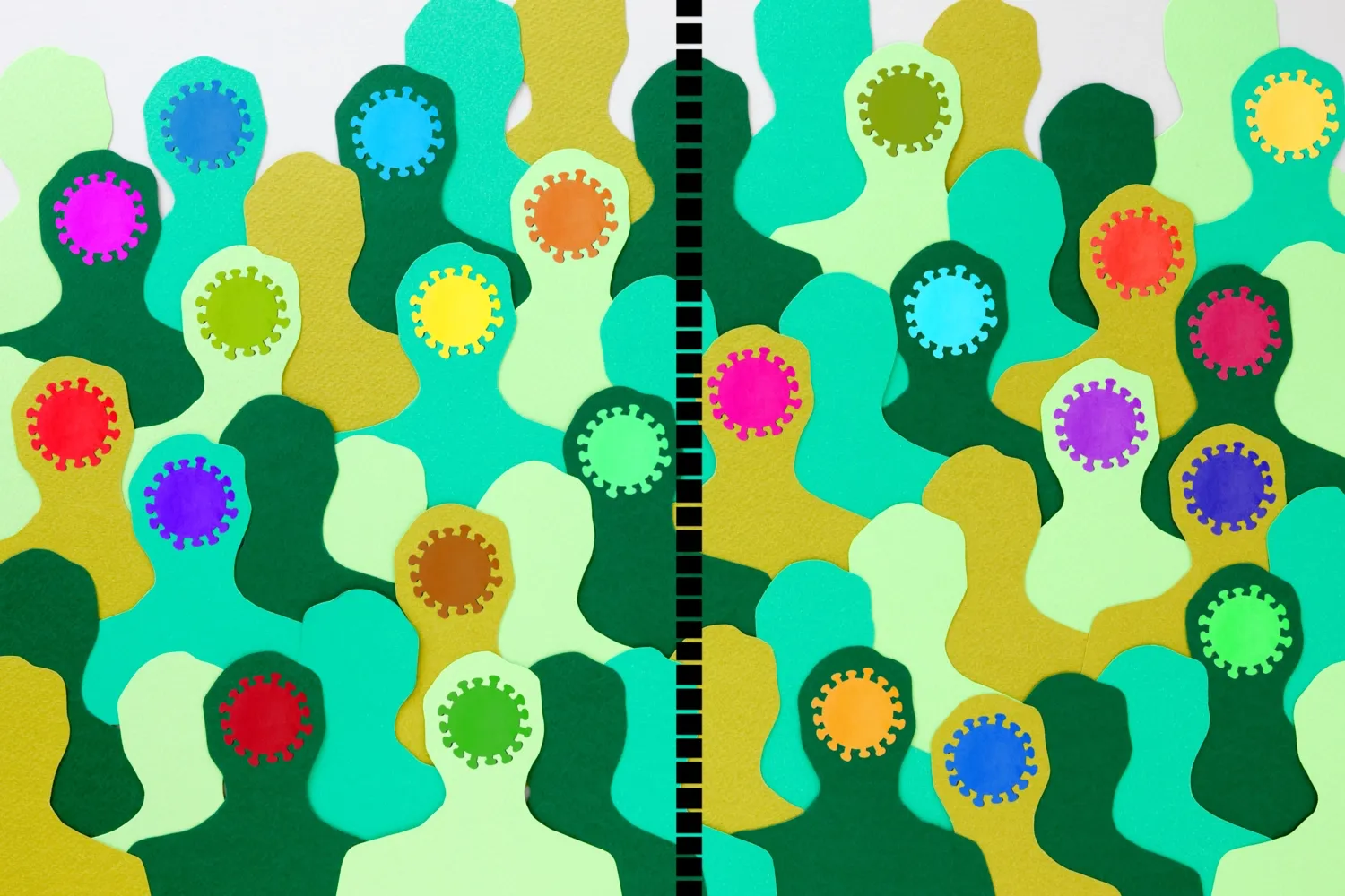 Lots of green paper men silhouettes with some of them with a coronavirus icon on their heads divided by black dotted line