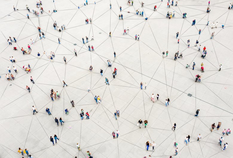 Sky view of scattered people connected by lines
