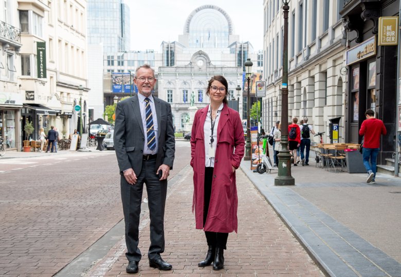 Dan Andrée and Sanna Sjöblom outside Stockholm Trio's office in Brussels near the European Parliament.