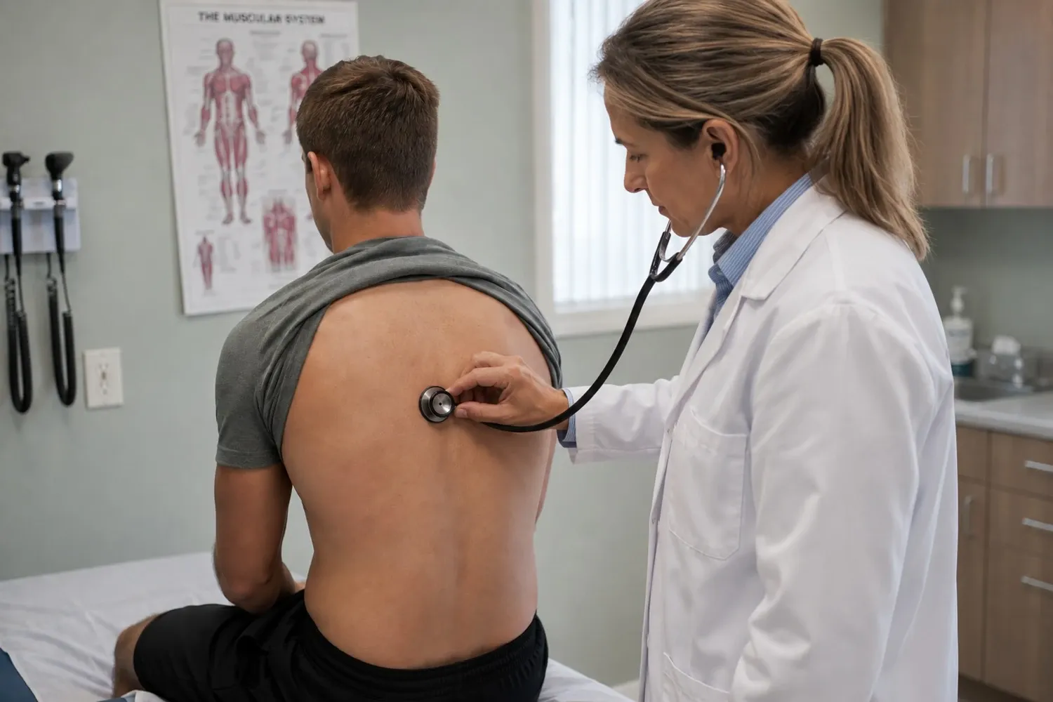 Illustrative image of a octor examining a patient with a stethoscope