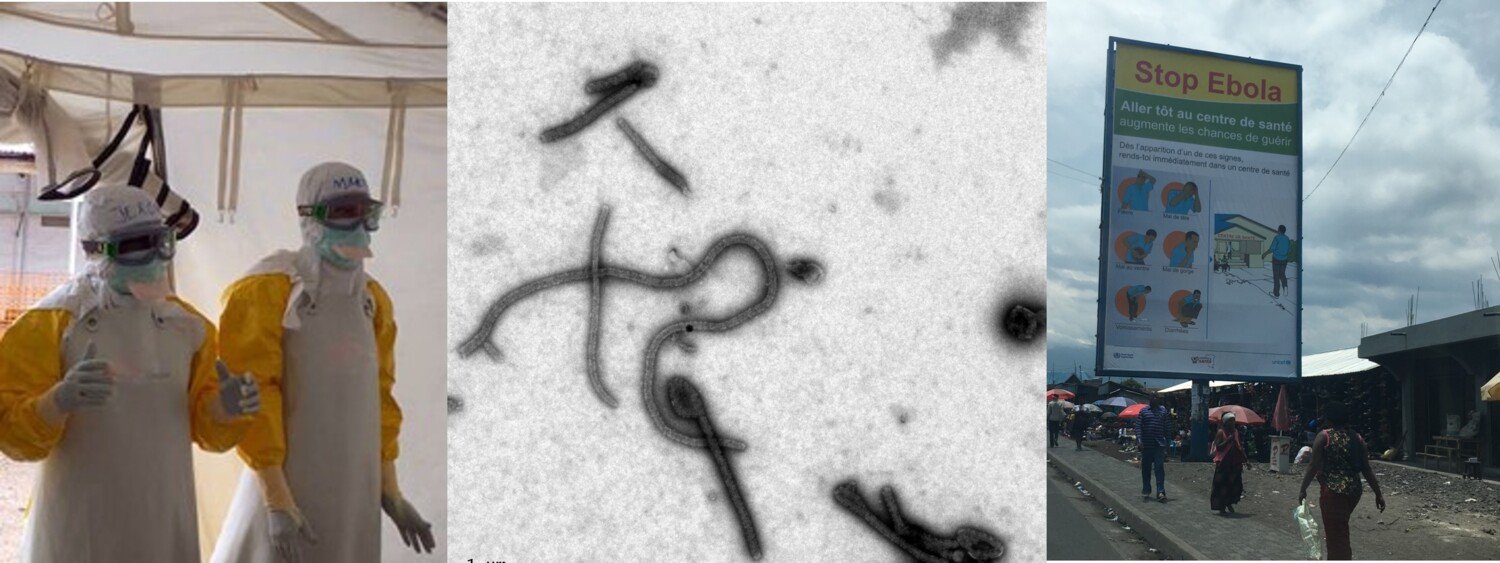 Three images, from left: healthcare workers in protective clothing, the Ebola virus under a microscope, a sign with information about Ebola in French