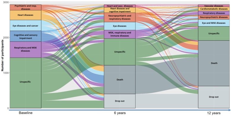 The figure illustrates the evolution of multimorbidity clusters and clinical trajectories of older adults with multimorbidity over 12 years.