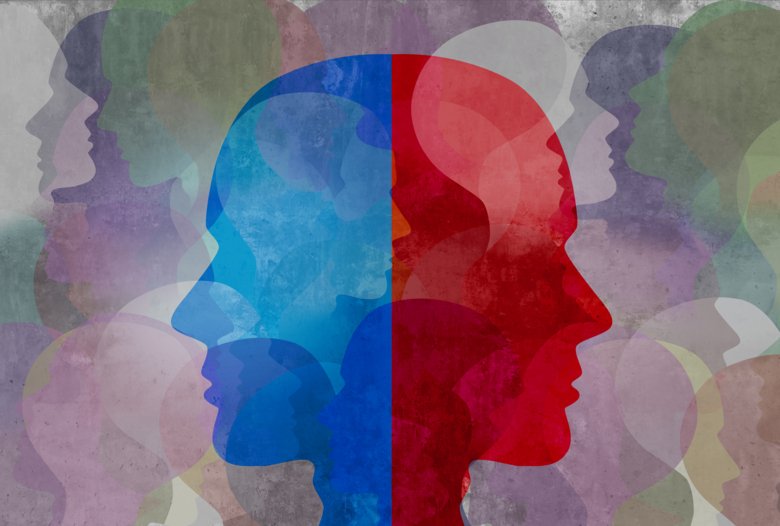 Illustration of a blue and a red face turned away from each other.