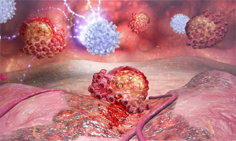 Illustration of T cells fighting virus