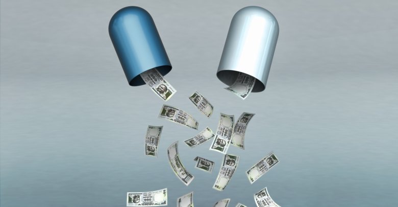 Illustration of an opened pill, with money falling out of it.