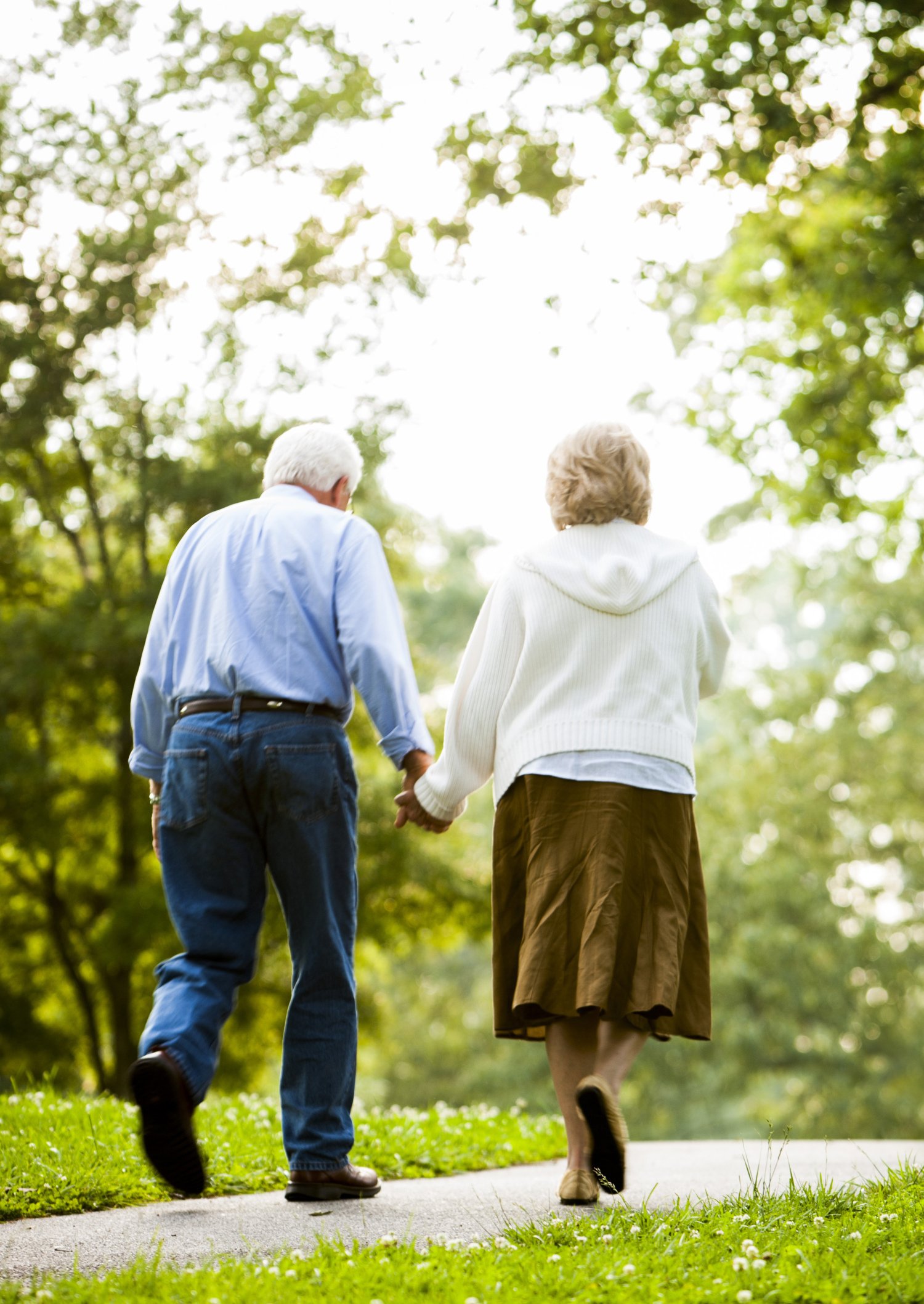 Elderly couple walking away in a green park.