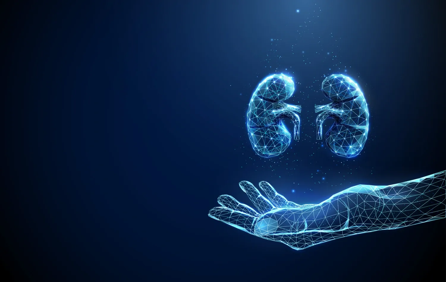 Abstract giving hand with human kidneys. Healthcare medical concept. Low poly futuristic technology digital neon style. - Bildbanksillustration