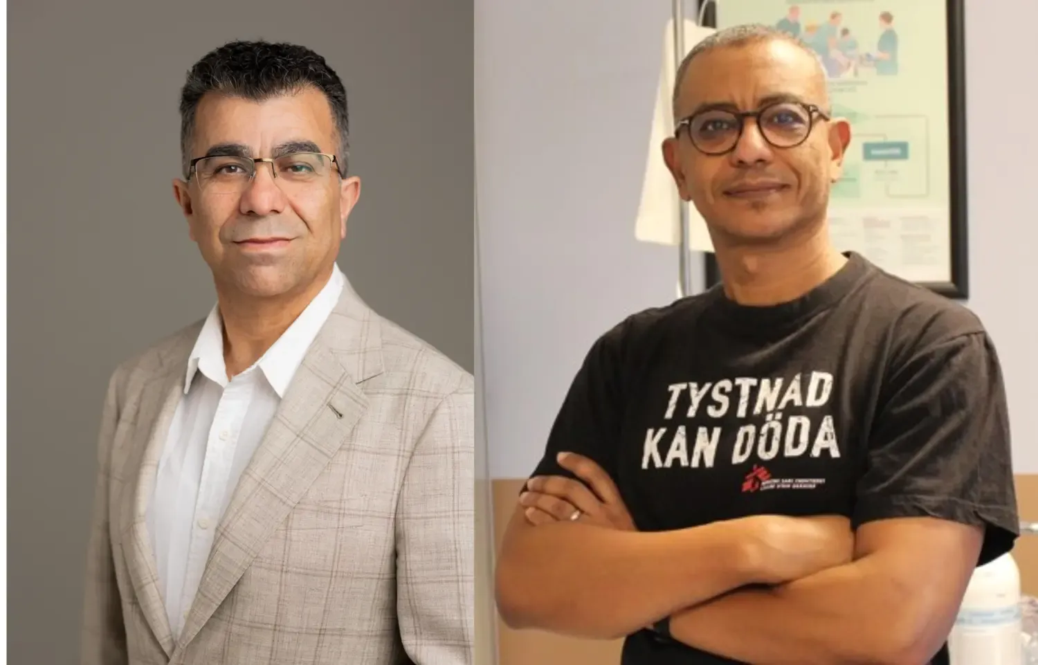 Portrait photographs of two men. The man on the left has dark hair and is wearing a suit; the man on the right is bald and is wearing a T-shirt