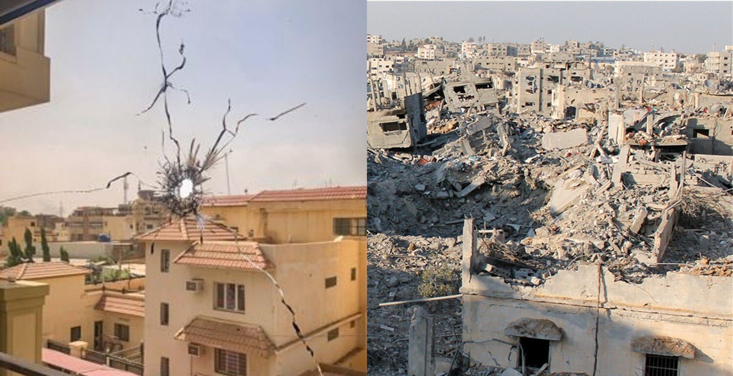 On the right is a picture of a window pane with a bullet hole in it, and on the left is a picture of a destroyed city