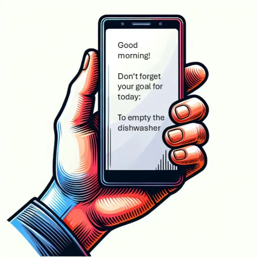Hand holding a mobile phone with a reminder on the screen display