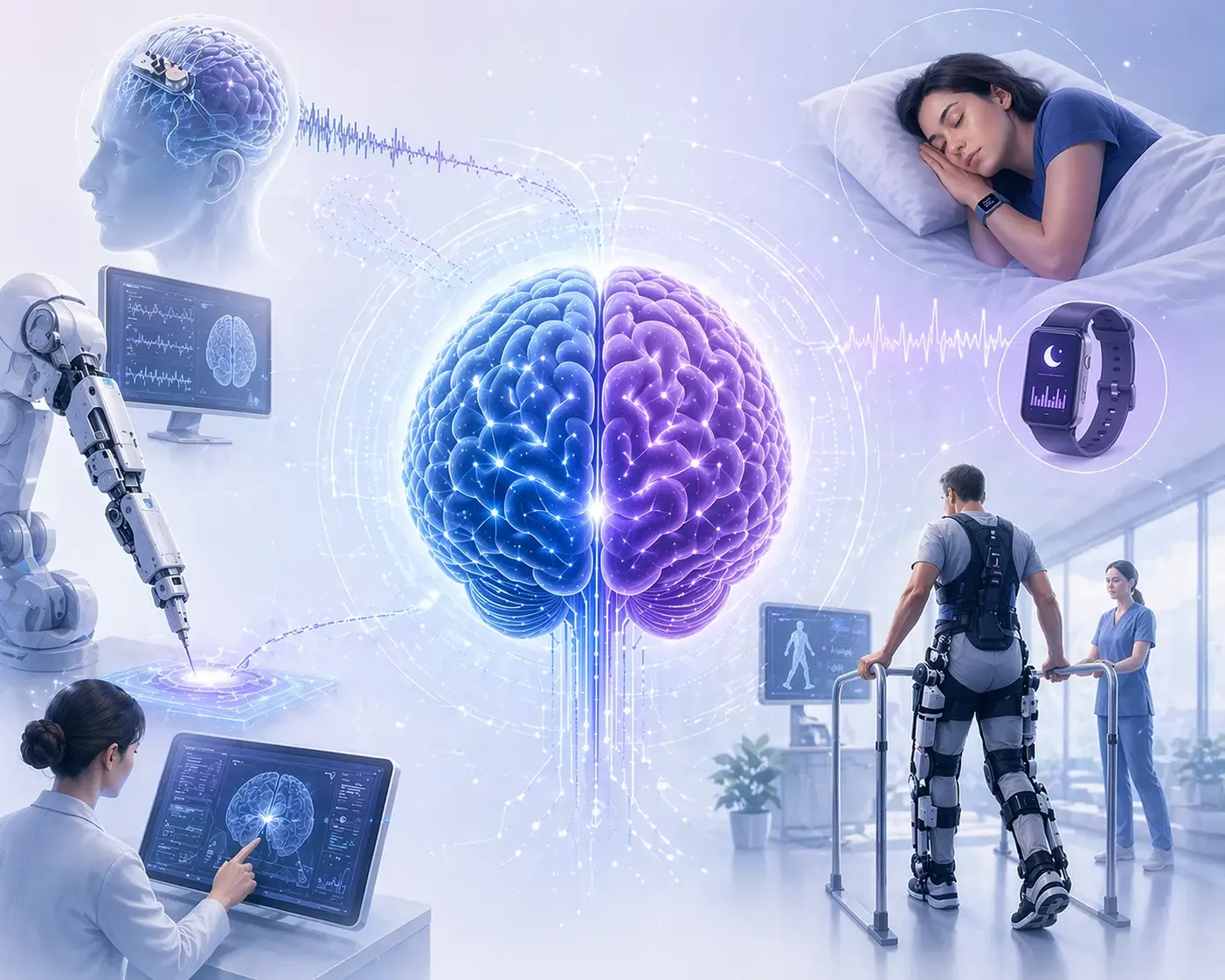 Poster depicting different neurotechnologies: wearable devices to track sleep, a lower-limb exoskeleton, and surgical robots, all connected by a brain in the center.