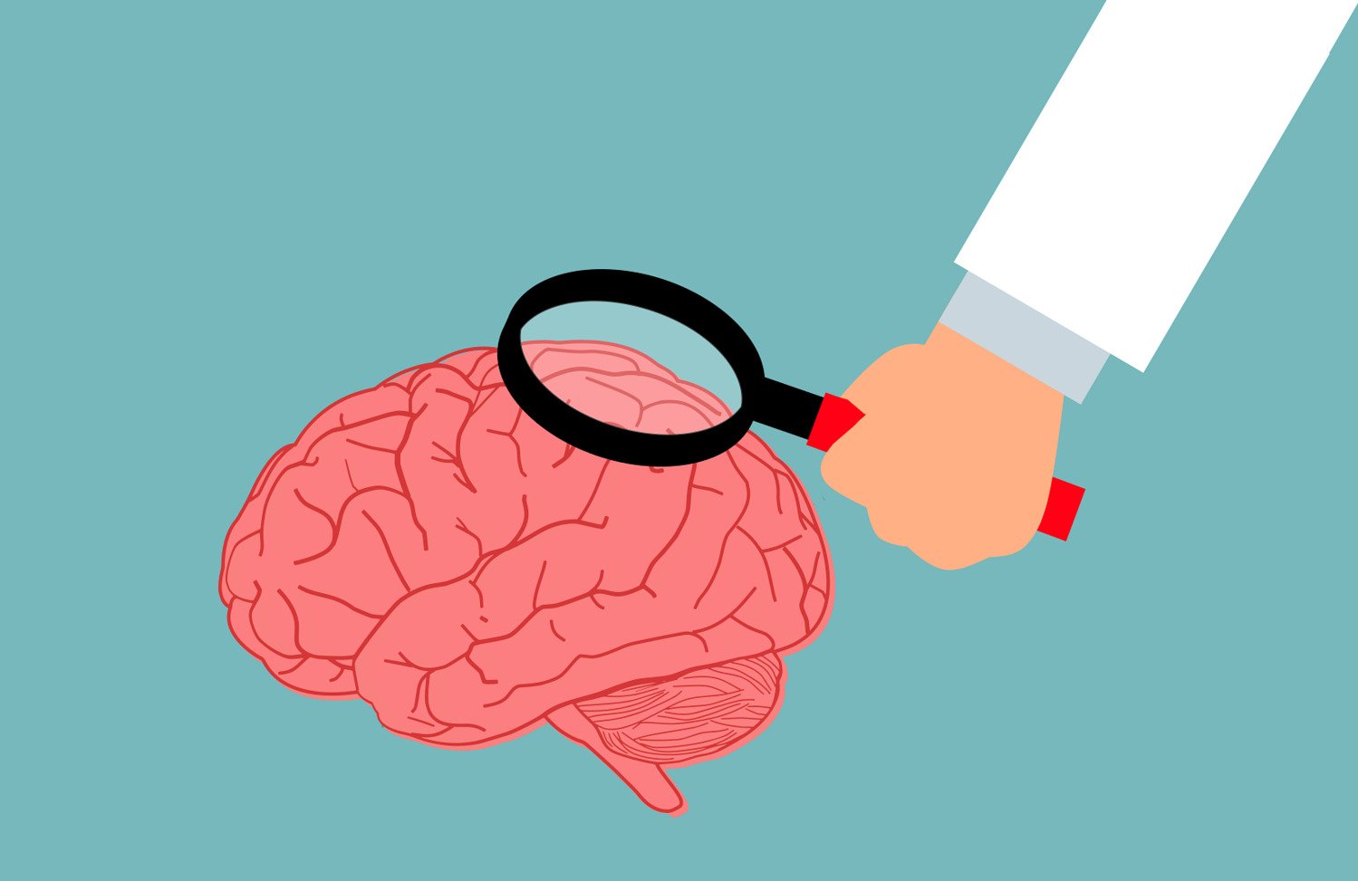 illustration of a hand holding a looking glass over a brain.