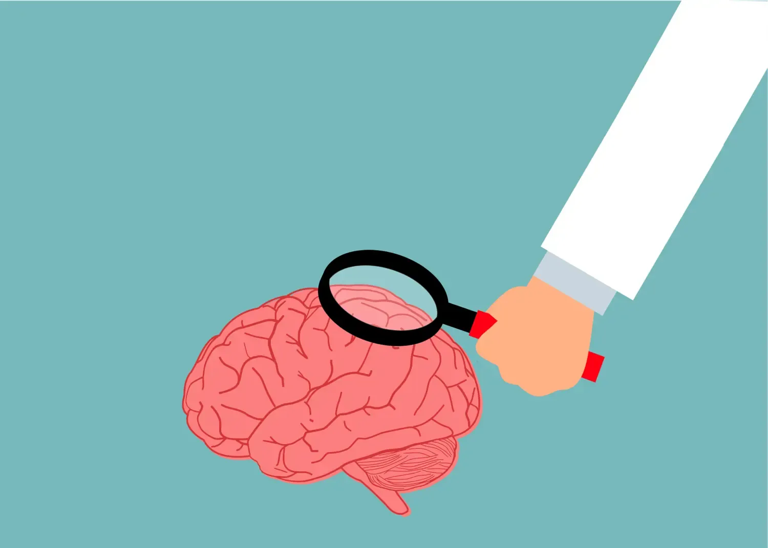 illustration of a hand holding a looking glass over a brain.