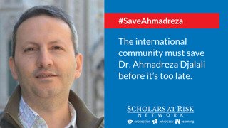 Campaign to save Ahmadreza Djalali with portrait and text