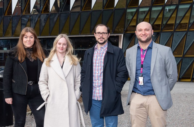 Iovino research group in front of Aula Medica in Solna.