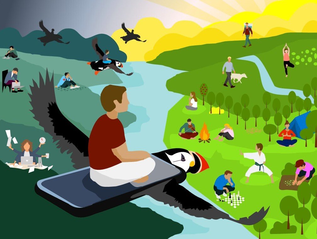 Man flying on puffin over a landscape.