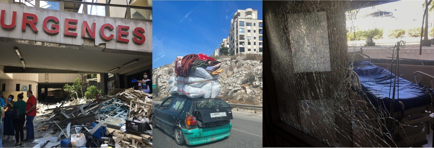 Three photos. From the right: debris at the entrance to an A&E department, a car with a heavily loaded roof rack, a shattered window leading into a hospital ward