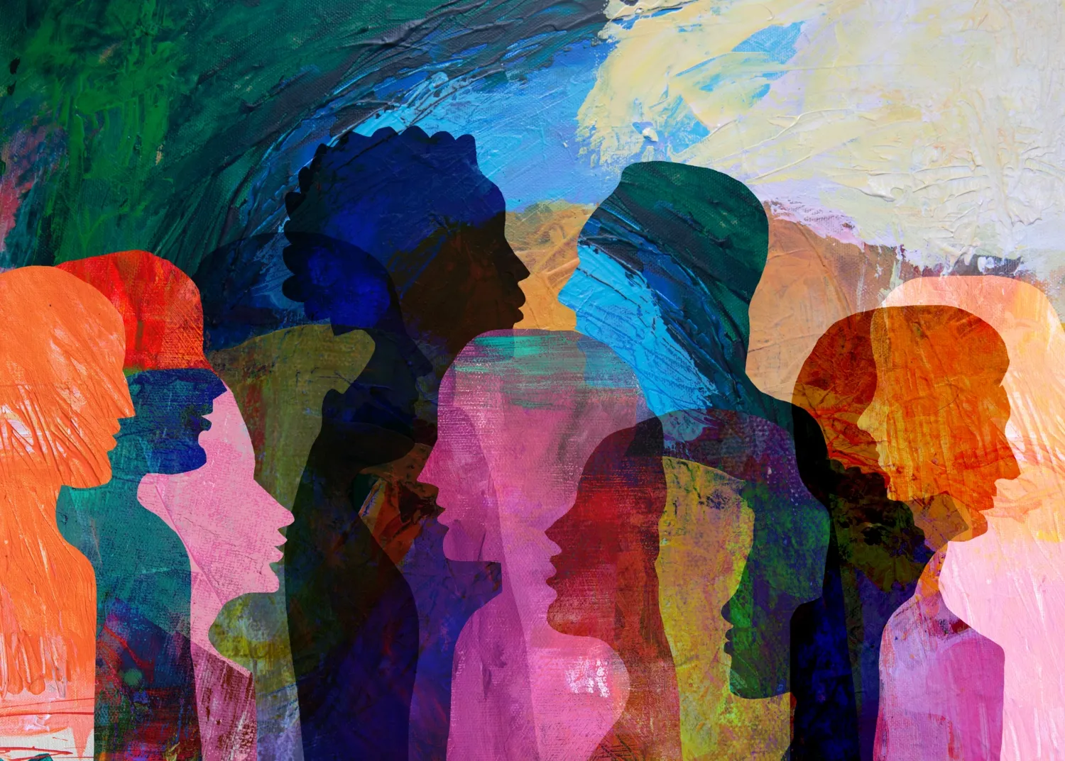 Illustrated colorful painting with people in profile