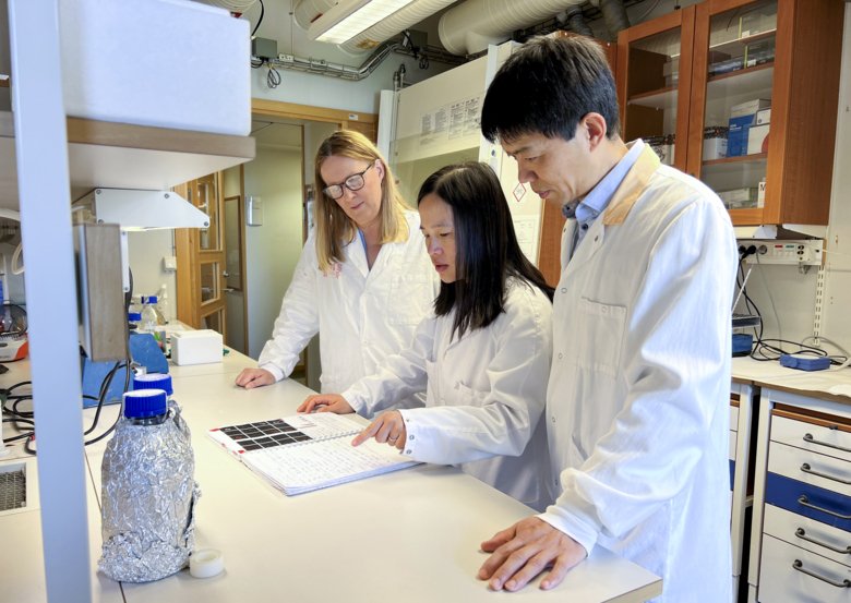 Three researchers stand at a table in the lab, looking at notes and discussing.