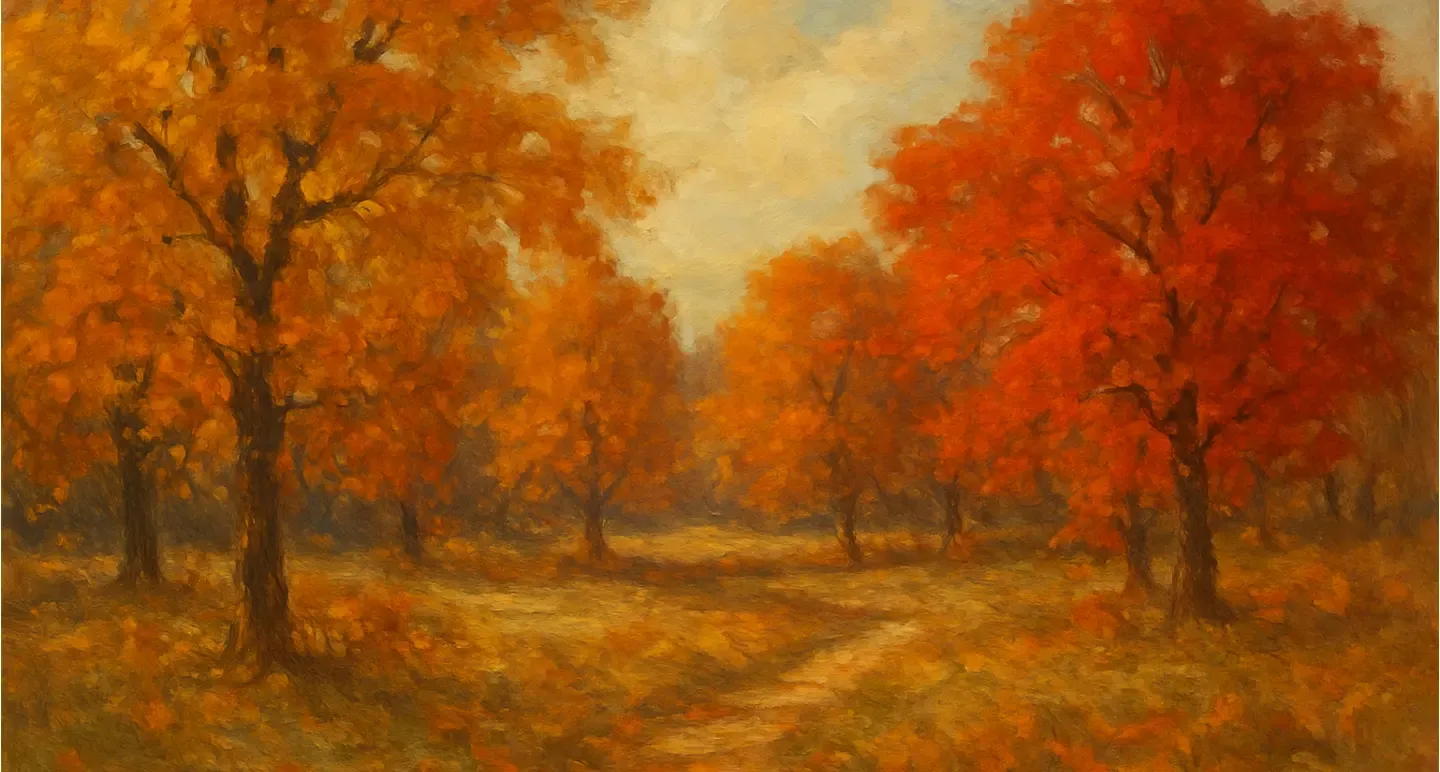 Red and orange forrest in the style of a painting.