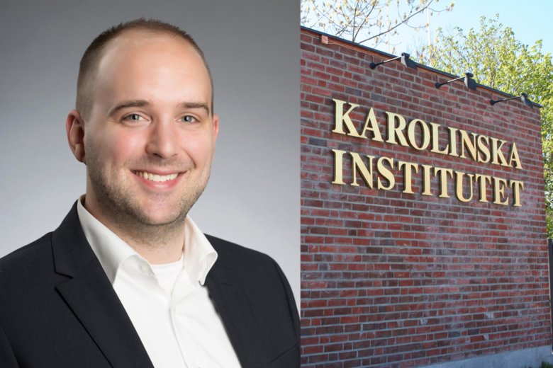 On the left a profile picture of Volker Volker Lauschke and on the right a picture of Karolinska Institutet's logo