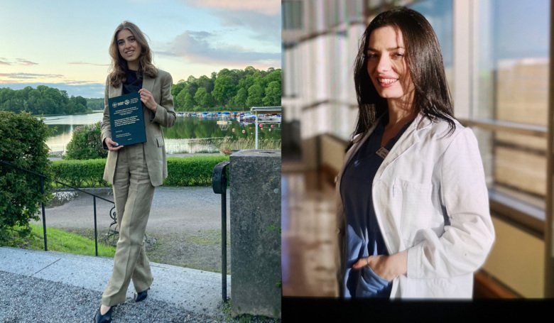 A collage of two photos. In one of the photos a female student is standing outside holding up her graduation diploma. In the other photo a female student stands indoors dressed in dental wear, carrying a white coat.