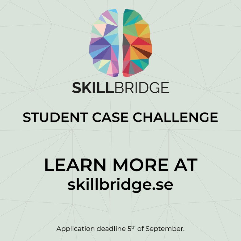 Graphic illustration with the text Skillbridge student case challenge. Learn more at skillbridge.se