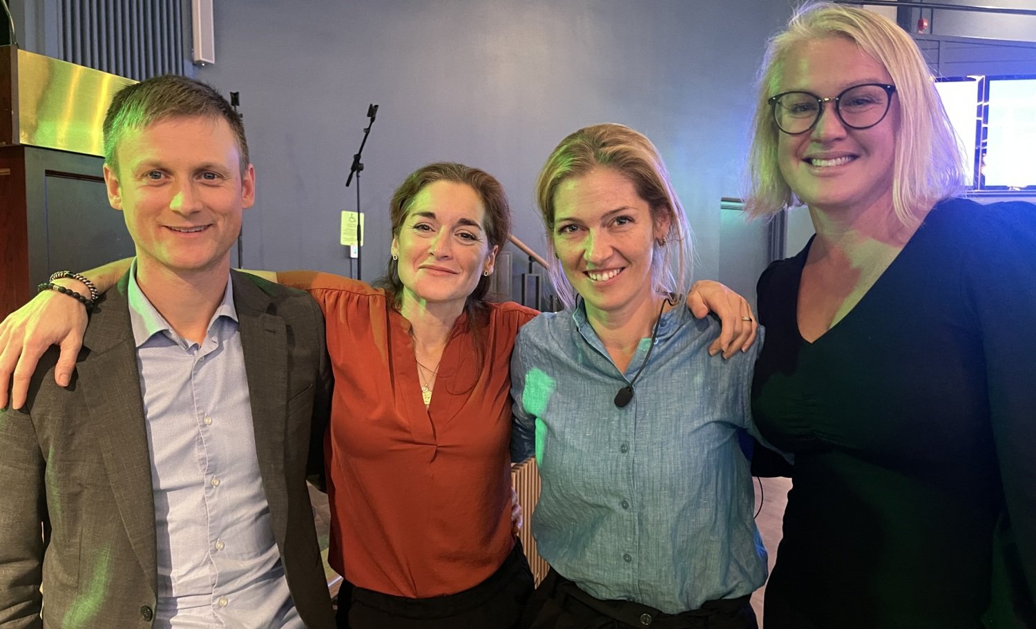 The non-profit cultural organisation Arts & Hearts consists of (from left) Elias Nyberg, Anni Grosse, Sissela Nutley, recipient of KI's Culture Prize 2024, and Ulrika Larsson.