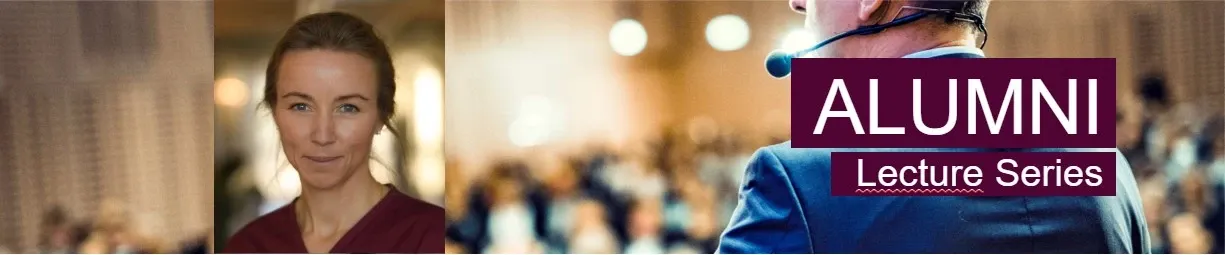 Illustrated picture of a public speaker along with a small picture of a smiling woman