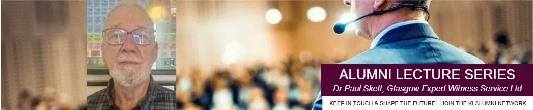 Illustrated picture of an audience with a small picture of a man with glasses