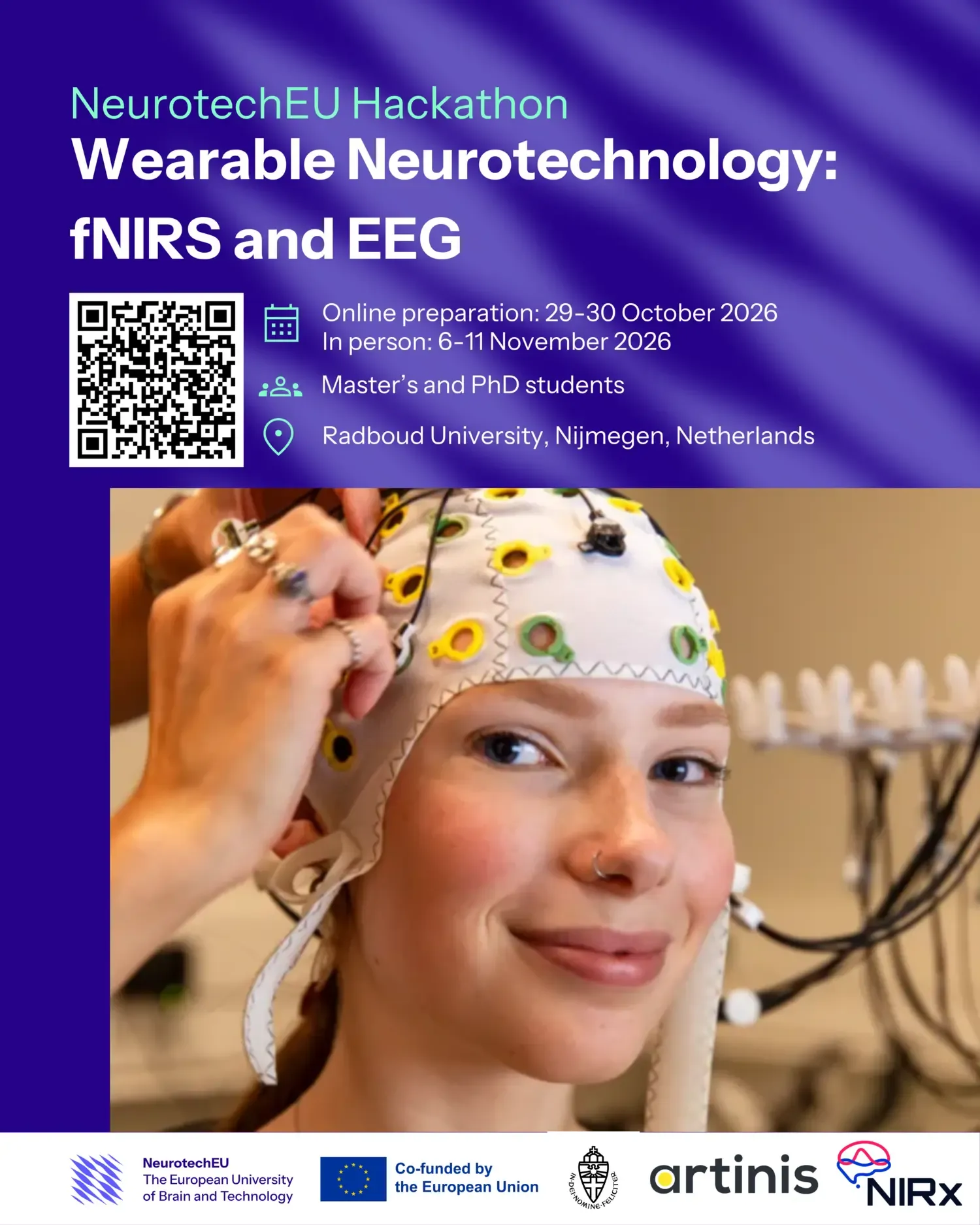 Affisch för hackathonet med en deltagare som bär ett NIRS-/EEG-headset