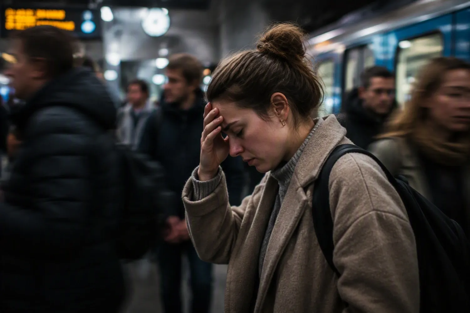 An AI-generated image depicting a woman holding her head in pain, surrounded by a crowd of people in rush-hour traffic.